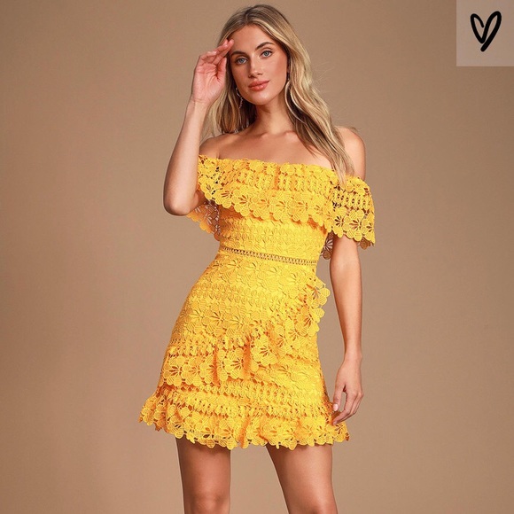 Lulus Dresses & Skirts - Frill and Grace Yellow Lace Off-the-Shoulder Dress